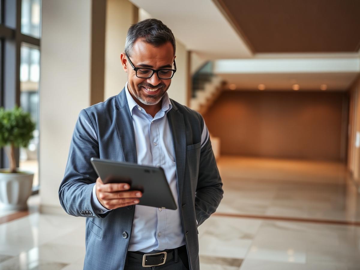 A property manager reviewing maintenance service history on a tablet