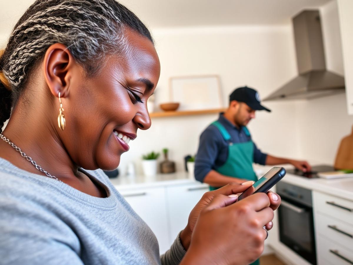 A homeowner paying securely on a smartphone while a technician completes work