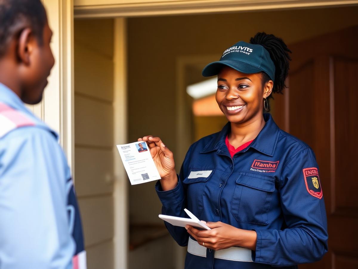 A verified South African tradeswoman showing her identity and certification to a homeowner